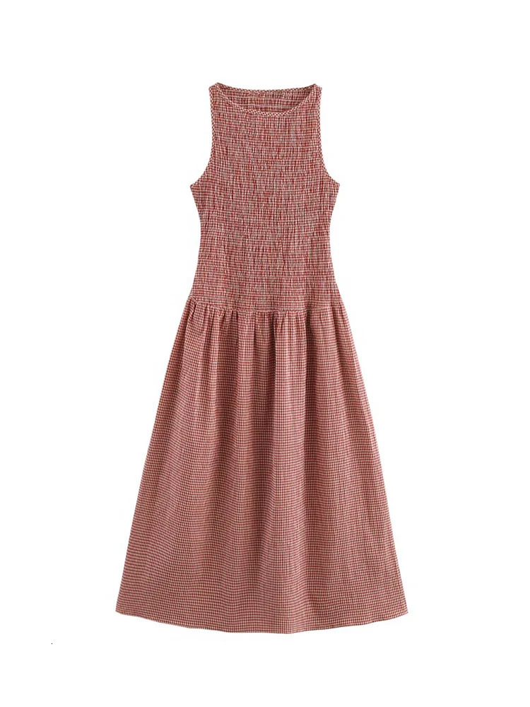 TFMLN Summer Womens Sweet Plaid Dress Casual Round Neck Slim Pullover Fashion Sleeveless Midi A Line Dresses 250514