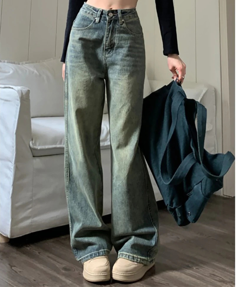 Retro Washed Vintage Jeans For Women In Autumn And Winter High Waisted Straight Leg Loose Wide Leg Pants Casual Pants 250513
