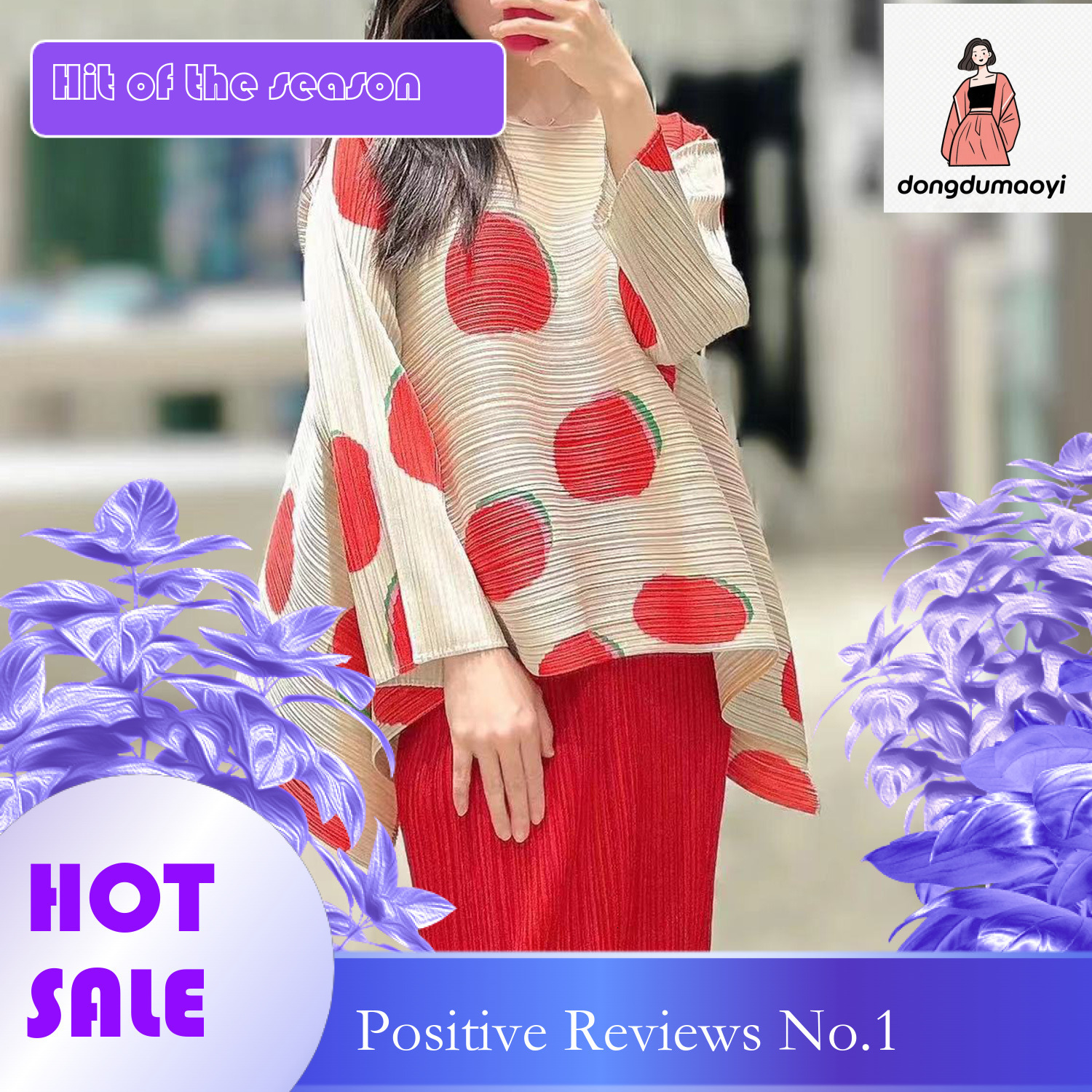 dongdumaoyi Miyake's new Fudou printed western-style slimming polka dot pleated top with spring fashion round neck and loose T-shirt sleeves for 