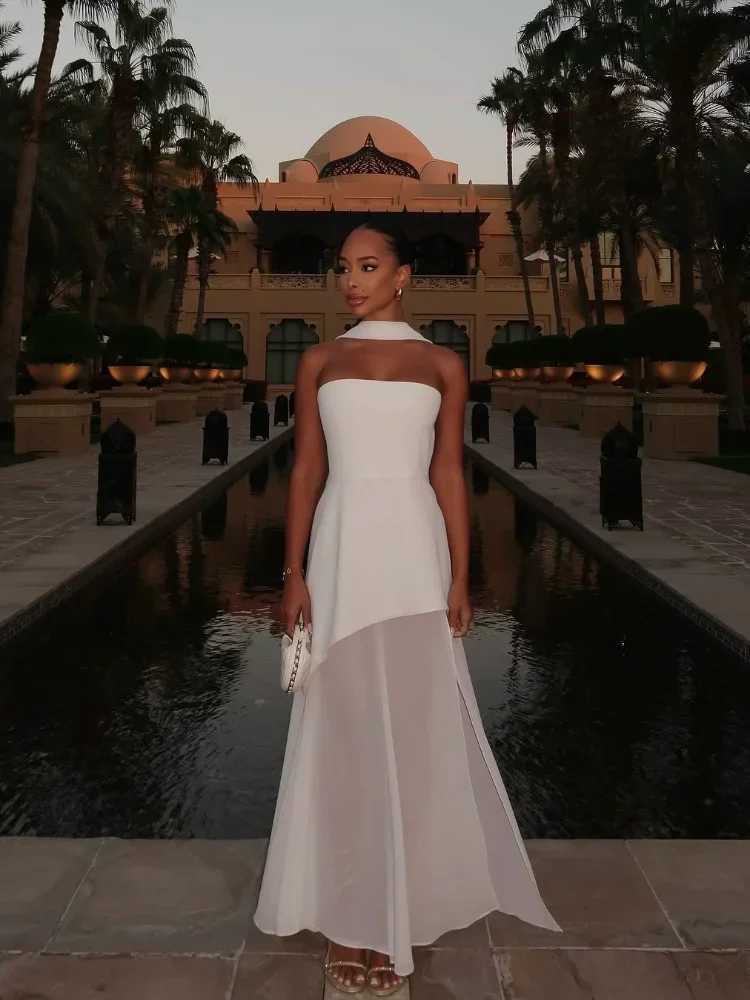 Elegant White Mesh Splicing Slim Women Strapless Dress Chic Scarf Neck Off Shoulder High Waist Long Dresses Lady Party RobesXJ250514