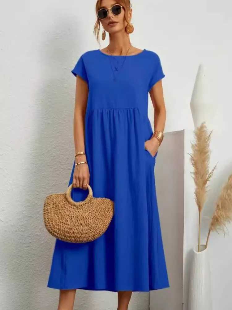 Womens Casual White Short Sleeve Midi Dress Summer Round Neck Cotton And Linen Vintage Loose Long Dresses With Pockets Y2KXJ250514