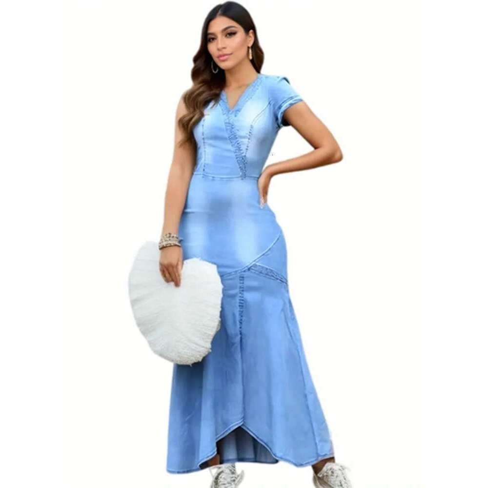 Plus Size Plain V Neck Light Washed Short Sleeve Denim Maxi Bodycon Vintage Mermaid Dress Casual Summer Long Dresses