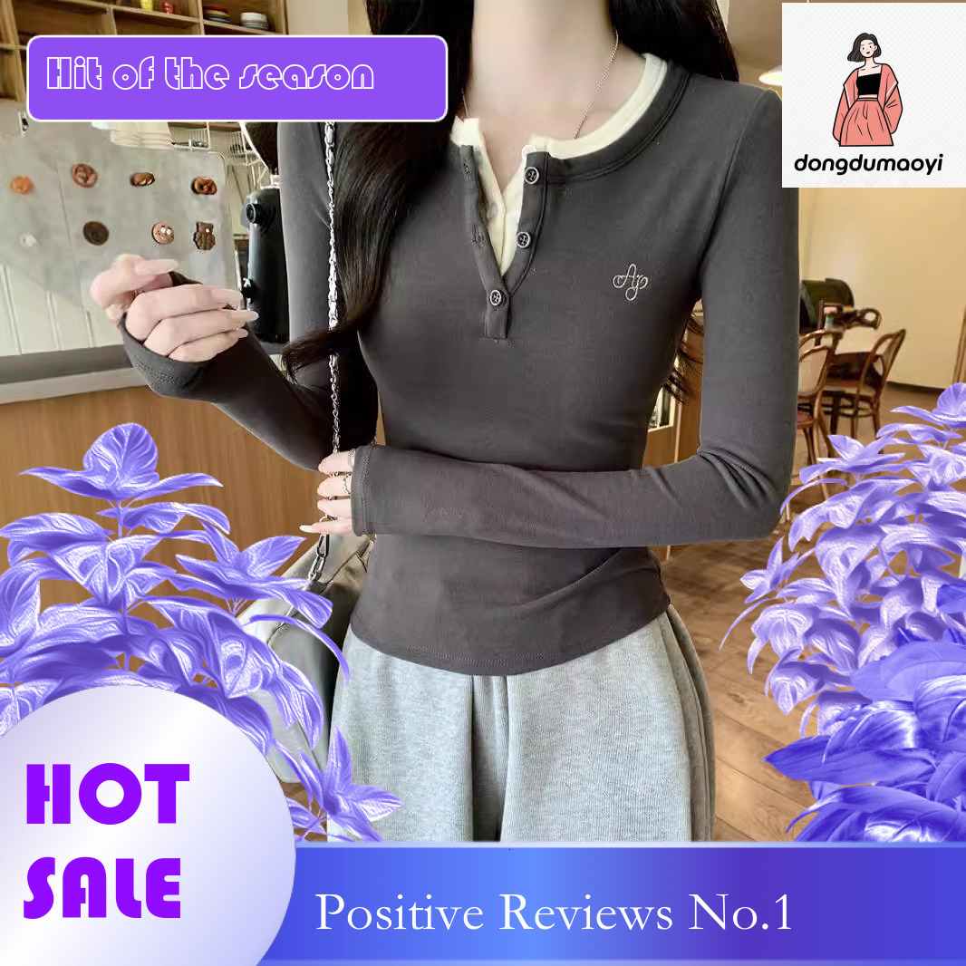 dongdumaoyi 2025 Early Spring Design Sensation Fake Two piece Long Sleeve T-shirt for Women's New Style, Interior Fit and Slimming Bottom Shirt, 