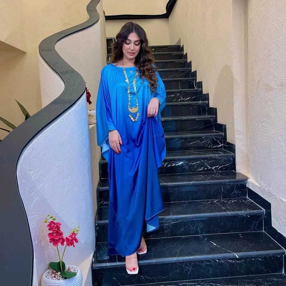 Morocco Party Satin Bat Slve Muslim Women Abaya Maxi Dress Dubai Turkey Kaftan Arab Gown Loose Islamic Vestidos Jalabiya Robe X250514
