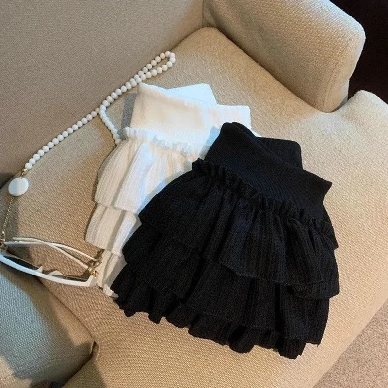 Kawaii Puffy Cake Skirts Women Korean Fashion Ruched Ruffle Mini Skirt Female Summer Harajuku Casual Elastic Waist Solid 250514