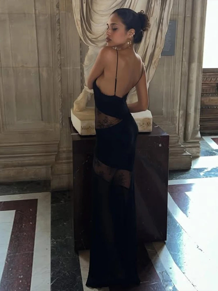 Lace See Through Sling Maxi Dress Women Sexy Slim Black Backless Sleeveless Long Dresses Female Summer Chic Party Evening Robes 250514