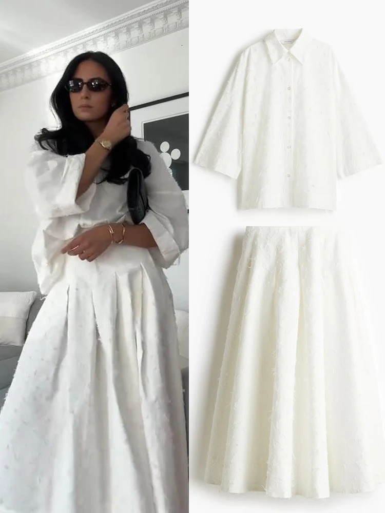 Fashion White Tassel Long Skirt Sets For Women Sleeve Lapel Single Breasted Shirts Pleated High Waist Maxi Skirts Outfits 250514