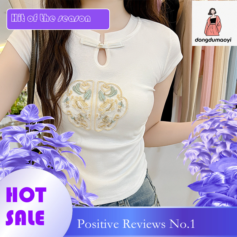 dongdumaoyi New Chinese style buckle short sleeved 2025 new women's T-shirt, summer pleated waist design top T-shirt