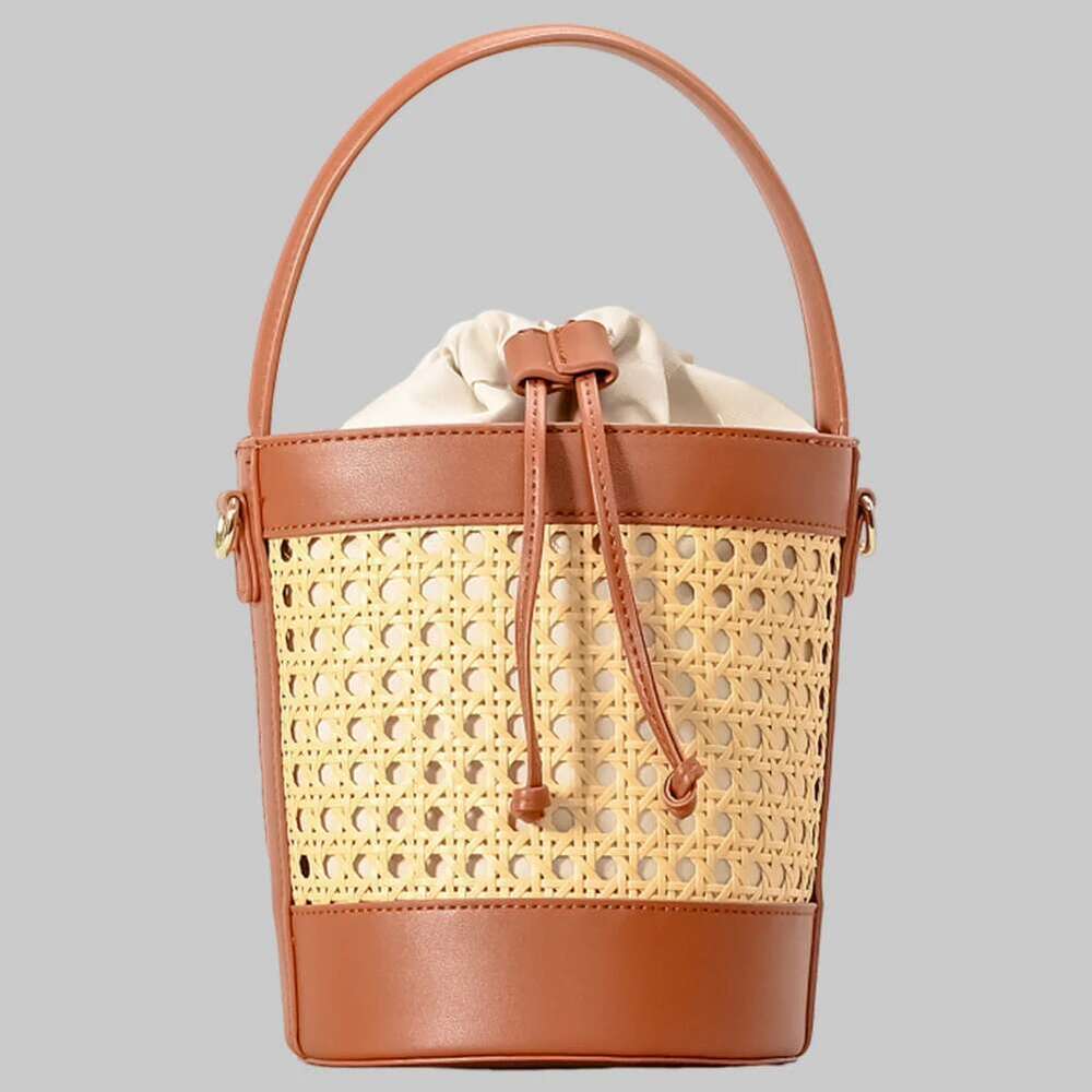 Straw Beach PU Leather Bucket Summer Hollow Shoulder Bag Holiday Travel Handbag for Women