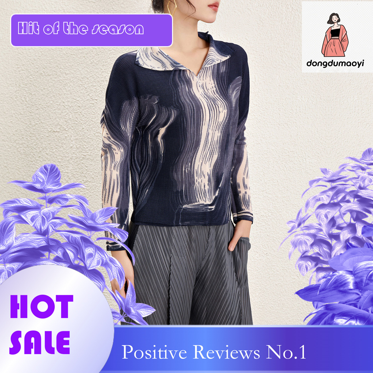 dongdumaoyi Miyake printed top 2024 spring women's clothing new pleated commuting loose casual slimming long sleeved T-shirt