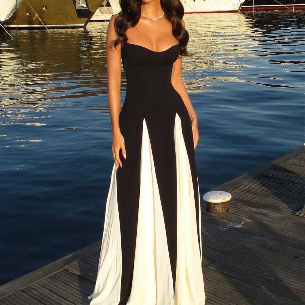 Talenza Elegant Contrast Color Backless Long Dress Womens Color Block Spaghetti Strap Dress V-Neck High Waist Evening DressXJ250514