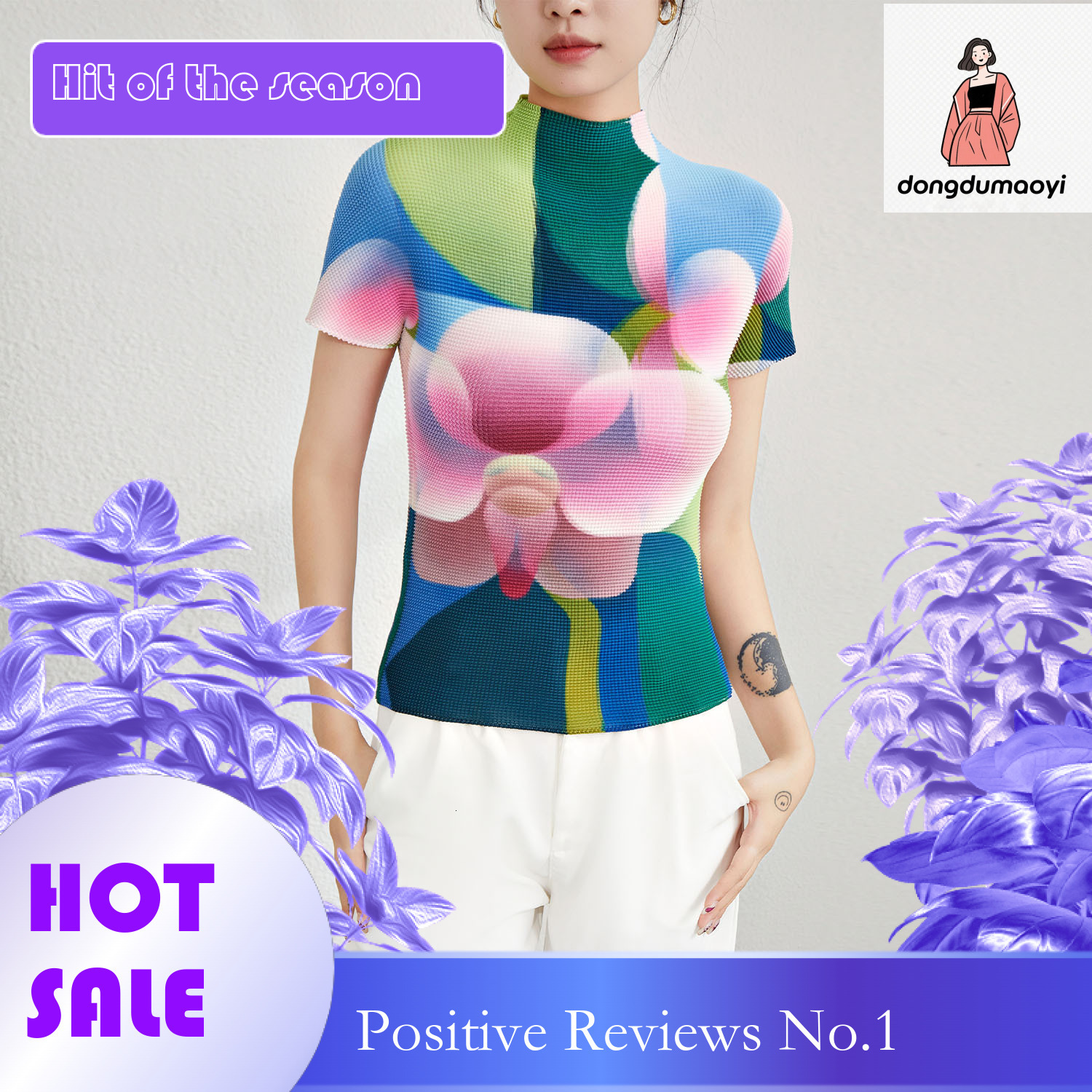 dongdumaoyi High end pleated short sleeved three bedroom top for women in summer, colorful slim elasticity, tight fit, plus size, high neck, light lux