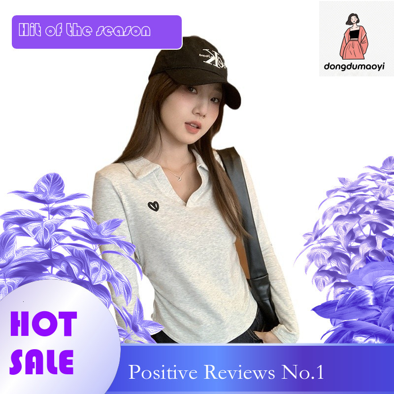 dongdumaoyi 2024 autumn polo collar shoulder long sleeved women's t-shirt pleated curved hem for slimming effect, paired with a base shirt and to