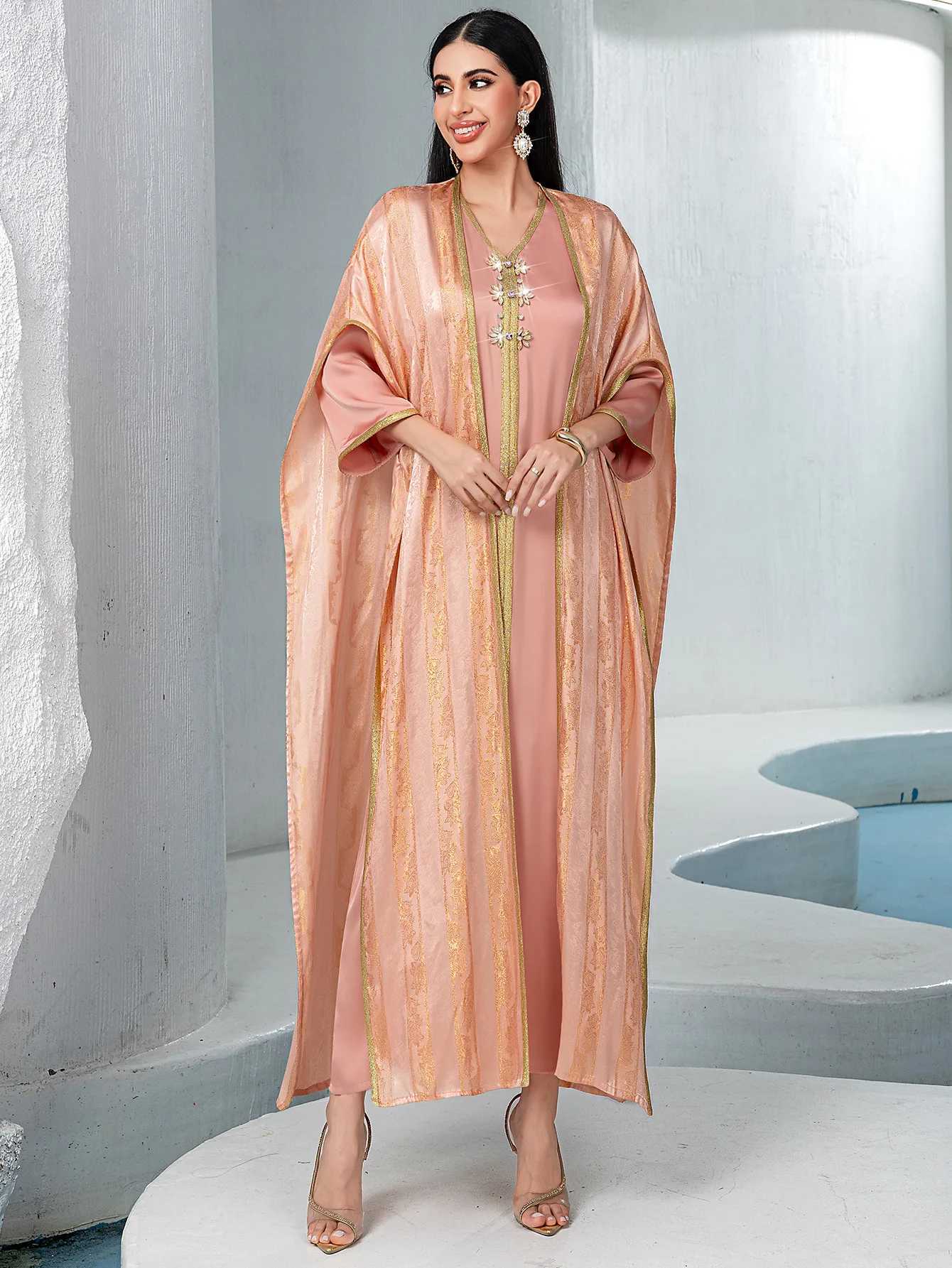 Dubai Abayas Kimono Muslim Sets for Women Satin Evening Party Dress Turkey Kaftan Eid Djellaba Islam Jalabiya Femme Robe Caftan X250514