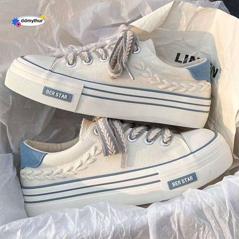 Thick soled wheat ear canvas women, trendy children students, versatile autumn and summer, niche design for casual breathable board shoes ddmythur