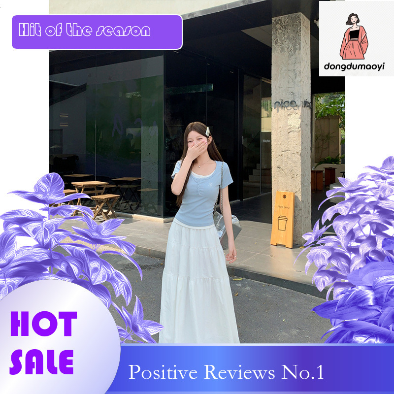 dongdumaoyi Design sense U-neck fake two piece sleeved T-shirt for women in summer 2025, pure desire style, slim fit and slimming short top
