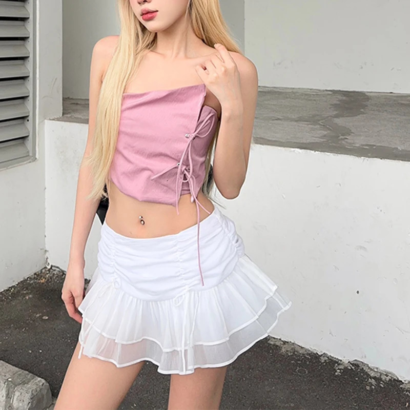WhereMery Sexy Solid Women Skirt Perspective Pleated Mini Skirts Waist Casual Dresses Street Nightclub Summer Short 250514