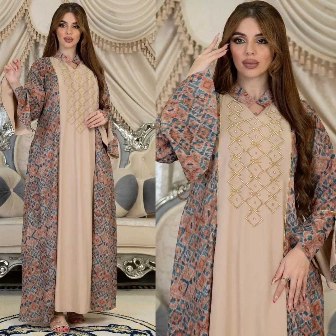 Printing Diamond Casual Arabian Dubai Abaya Nation Robe Fashion Muslim Dress Women Party Holiday Long Slve Daily Dress Vestido X250514