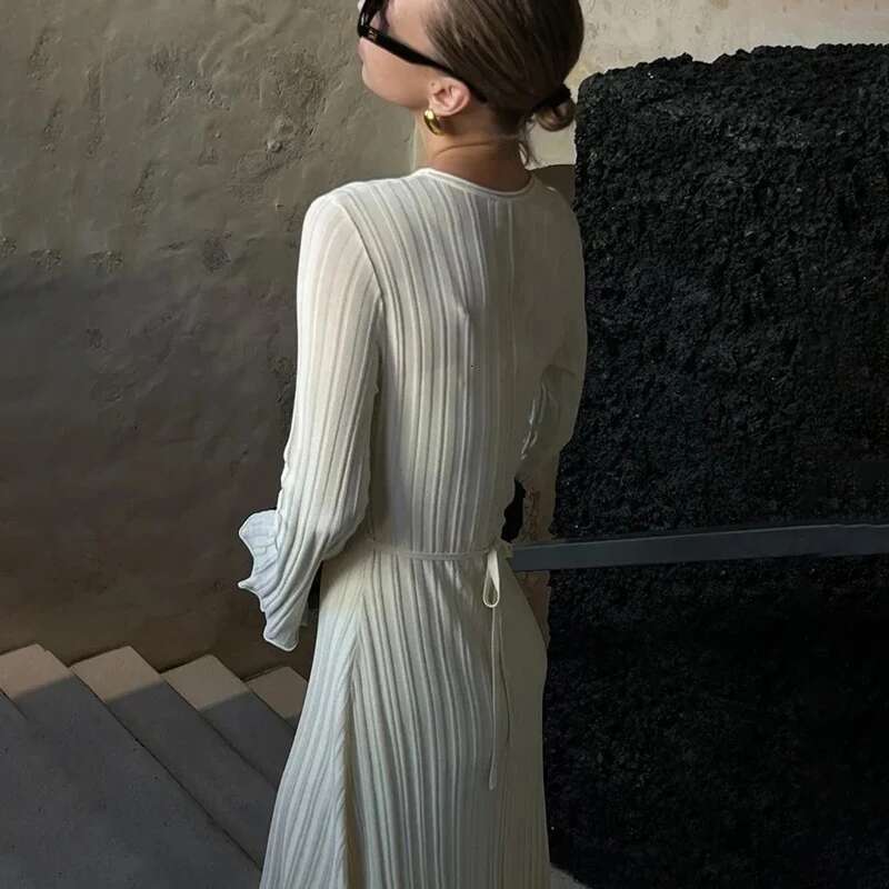 Knitwear Fashion Loose Maxi Women Lace-Up High Waist Ribbed Sleeve Party Female Knit Bandage Long Dress