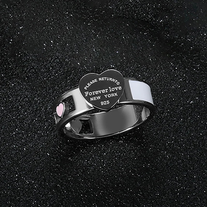 Fashion Hollow Colorful Heart Rings Stainless Steel Big Heart Tag White Shell Ring For Women Girls Female Men Wedding Jewelry 250509
