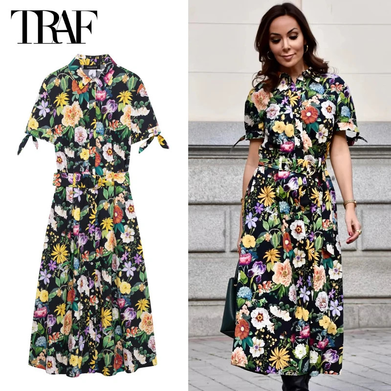 TRAF Floral Long Dresses for Women Belt Draped Midi Dress Woman Vintage Shirt Short Sleeve Womens Summer 250514