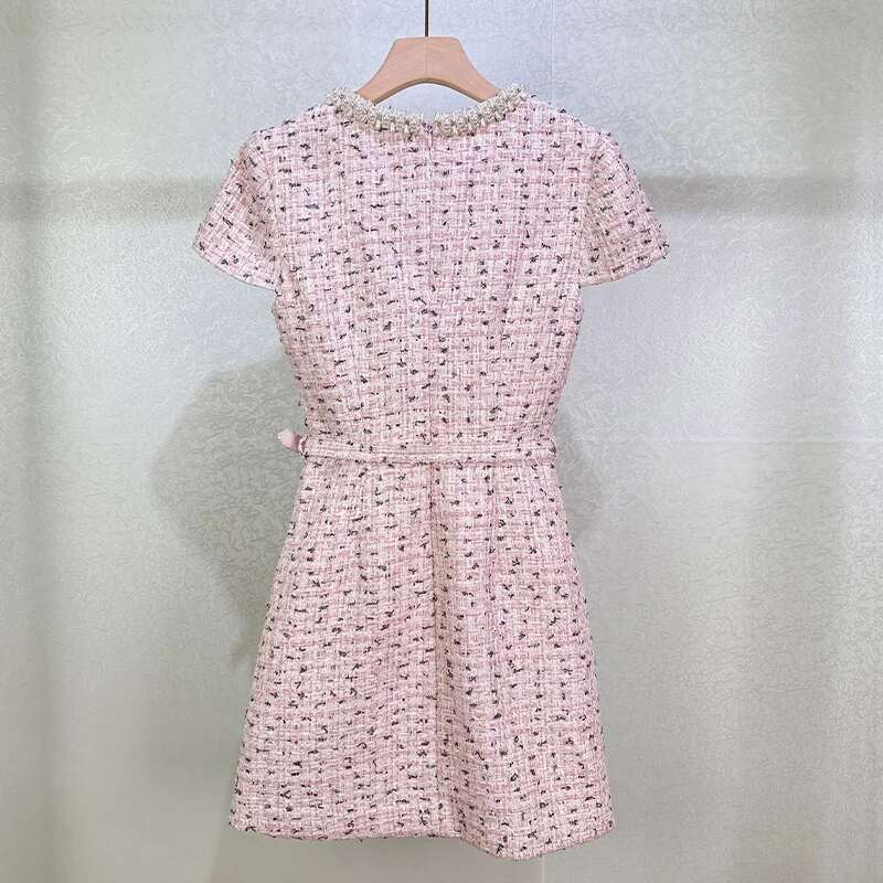 Tweed Dresses Women Summer Holiday Crystal Double Breasted Bodycon Pearl Chain Short Sleeve Evening Party Dress