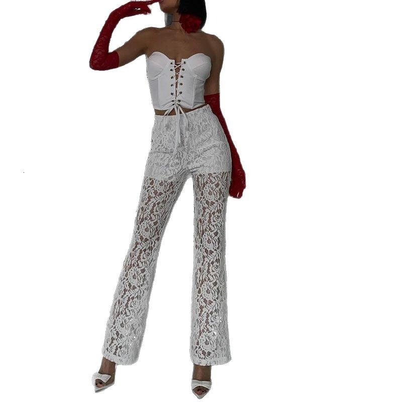 Spring 2024 ins style sexy hot girl high waist splicing mesh micro flared pants women lace
