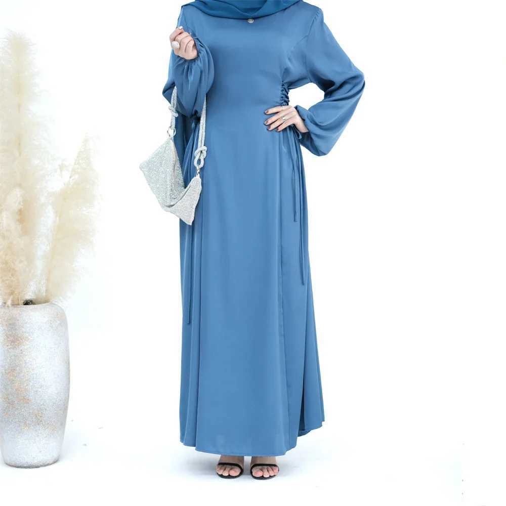Lace Up Satin Dress Muslim Women Long Slves Dubai Turkey Modest Robe Islamic Clothing Elegant Abaya Gown Ramadan Eid Party X250514