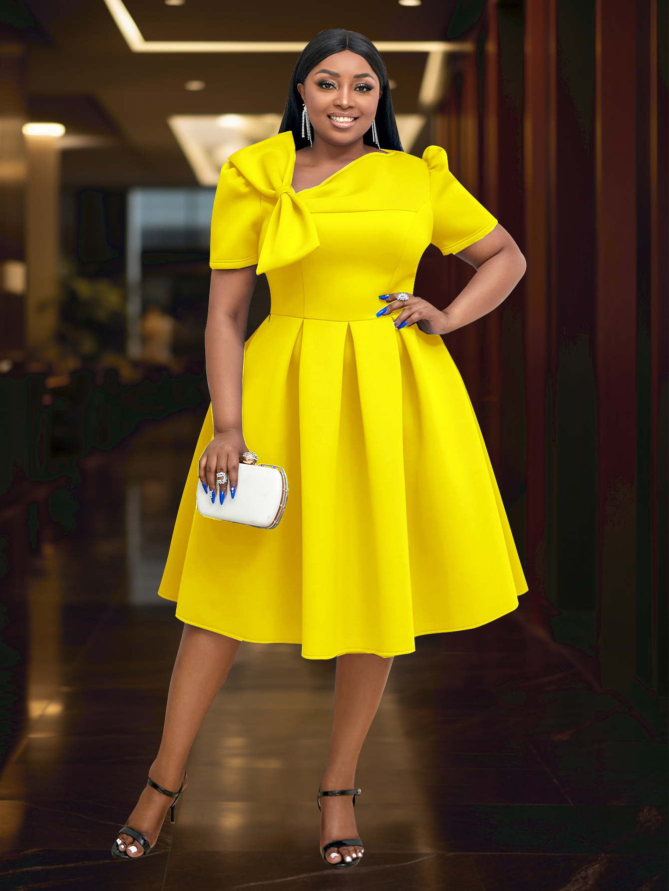 Cute Plus Size Dress Lady Prom Blue Birthday Bowtie Pleated Short Sleeve Puffy Midi Length AM030908