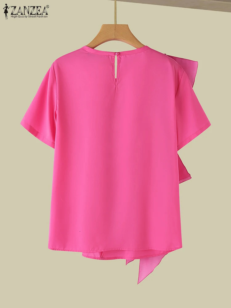 ZANZEA Women Ruffled Stitching Blouse Fashion Holiday Oneck Tops Summer Short Sleeve Tunics Casual Loose Solid Blusa Femme 250514