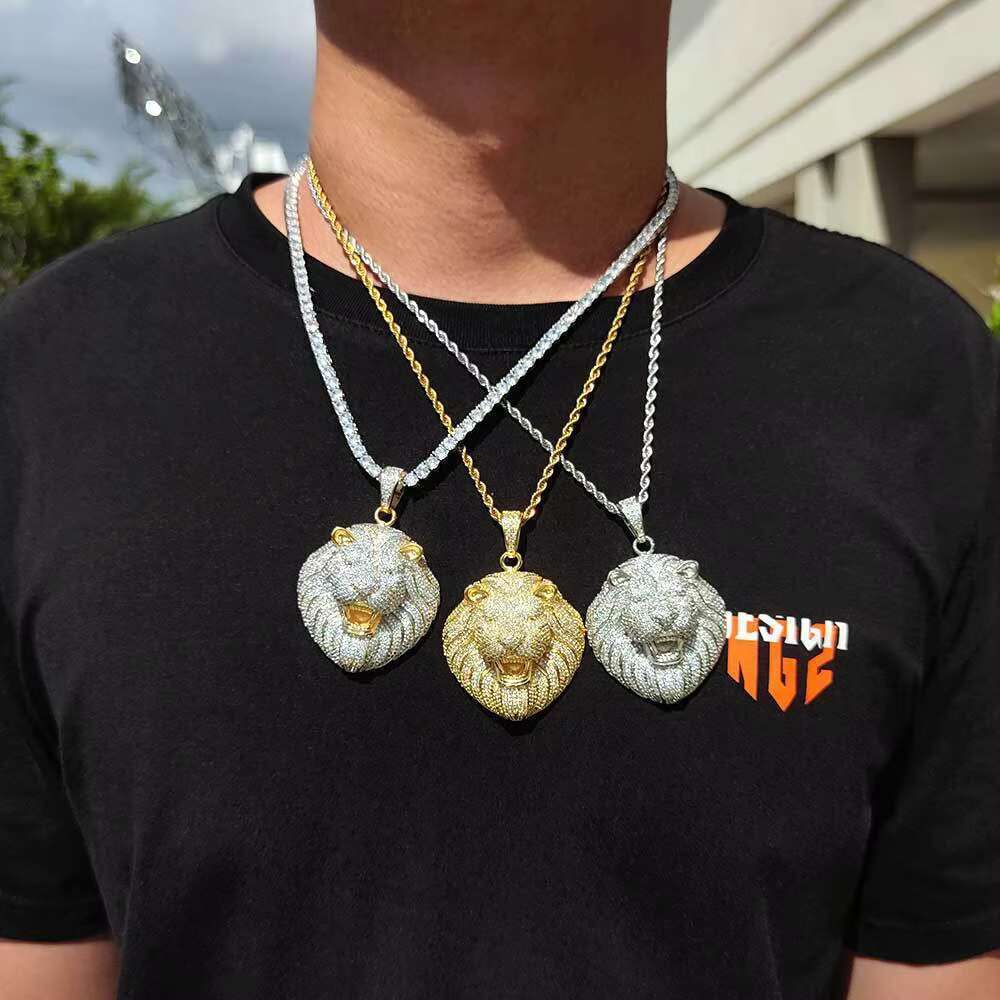 Hip hop animal head lion pendant men's necklace gold-plated and sier plated brass chilled jewelry