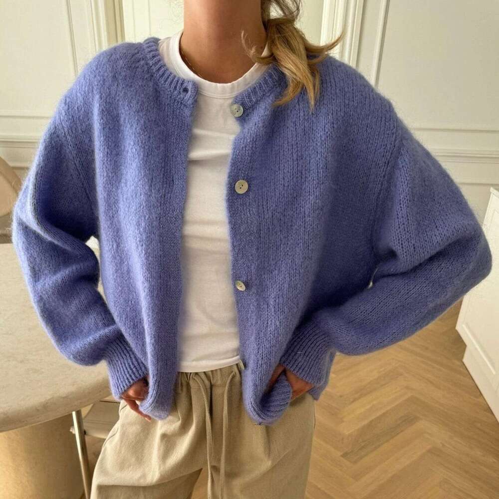 Combhasaki Women's Y2K Chic Solid Color Fuzzy Loose Cardigan Long Sleeve Button Down Round Neck Sweater Soft Knit Tops Outerwear