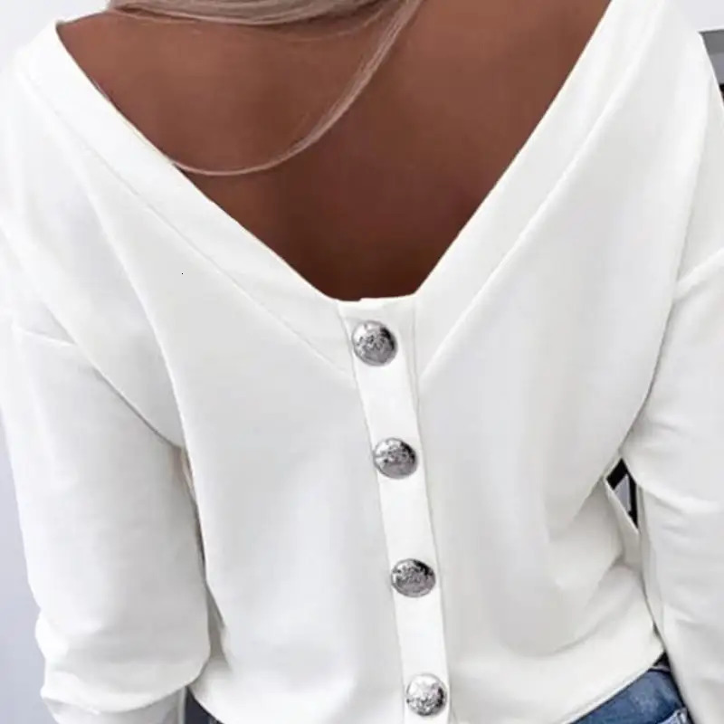 Autumn Long Sleeve Chic Back Buttons Pullovers Shirts Women Elegant Slim Fit Casual Blouse Fashion Solid Skew Collar Shirt 250514