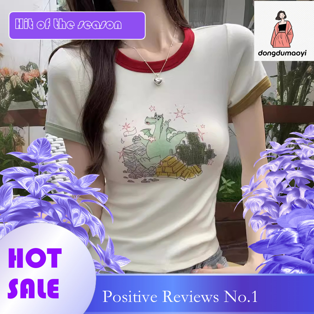 dongdumaoyi American printed shoulder sleeved T-shirt for women in summer, contrasting color round neck sweet spicy girl slim fit and slimming short t