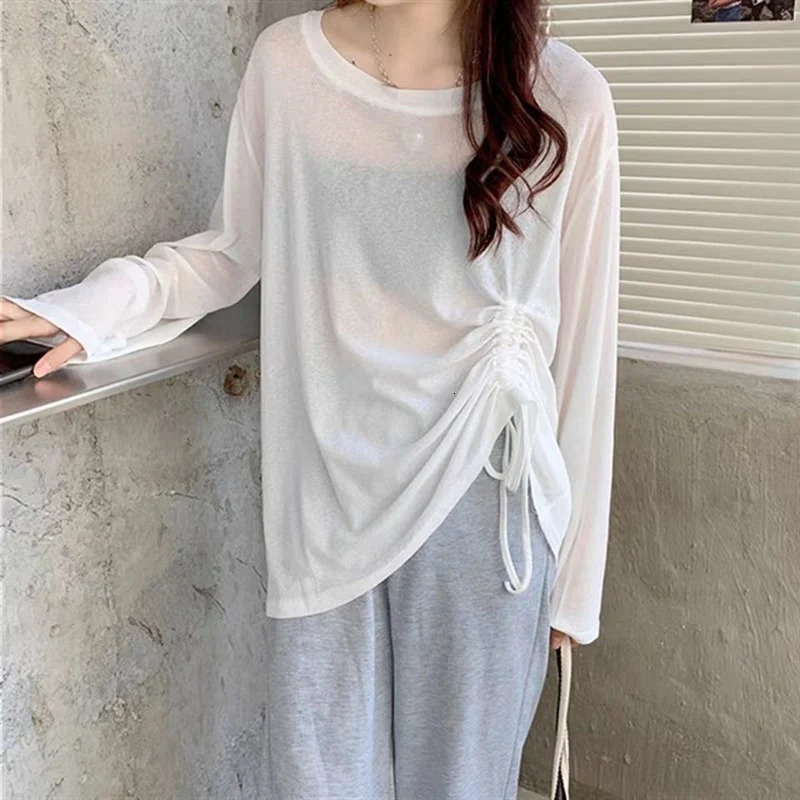 Rimocy Women Ice Silk Sunscreen T Shirts Summer Fashion Drawstring Loose Tops Woman Slightly Transparent Long Sleeve Tees Female 250514