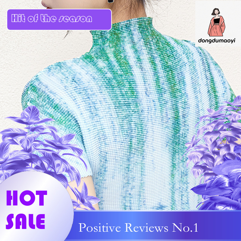 dongdumaoyi Wrinkle Fashion Top Short Sleeve Chiffon Landscape Printed Design Age Reducing T-shirt Half Skirt Two Piece Set for Women