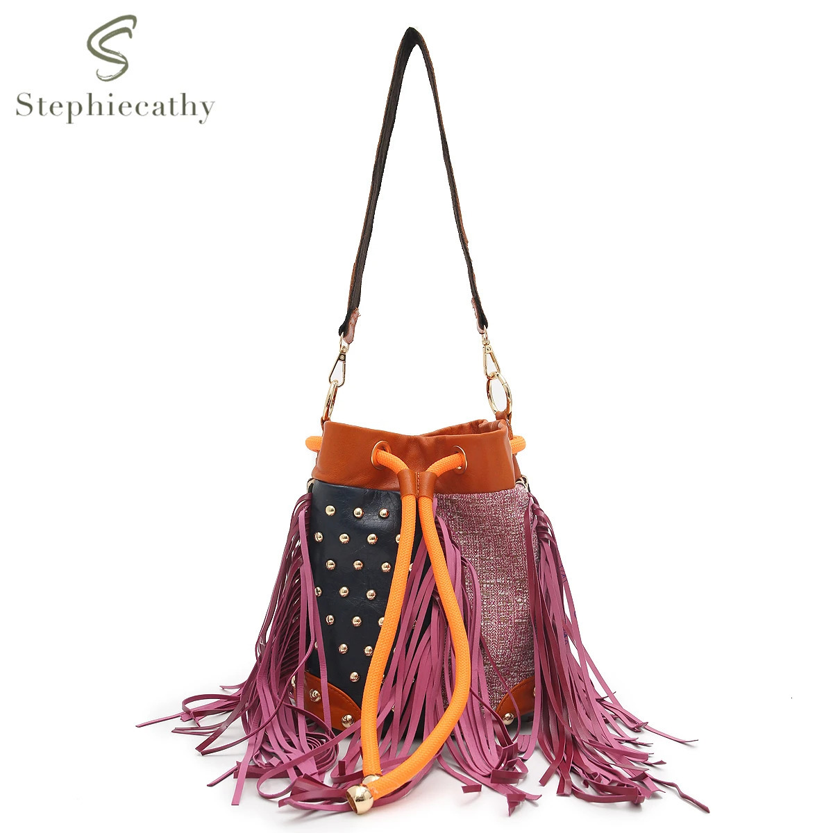Womens Retro Cowhide Tassel Handbag y Rivets Colorful Patchwork Leopard Print Bucket Purse Casual Cross body Shoulder Bag 250514