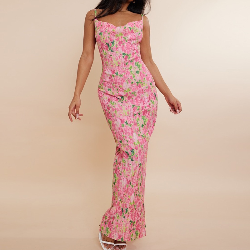 2023 Russian printed pleated slim fitting suspender dress for women