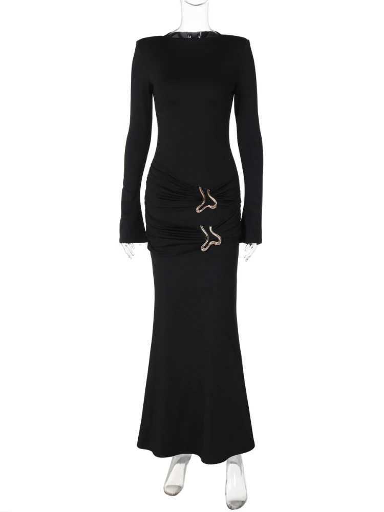 Leosoxs Elegant Vintage Dress Women Fall Flared Full Sleeve Metal Buckle Pleats Solid Casual Simple Trend Skinny Long BodyconXJ250514
