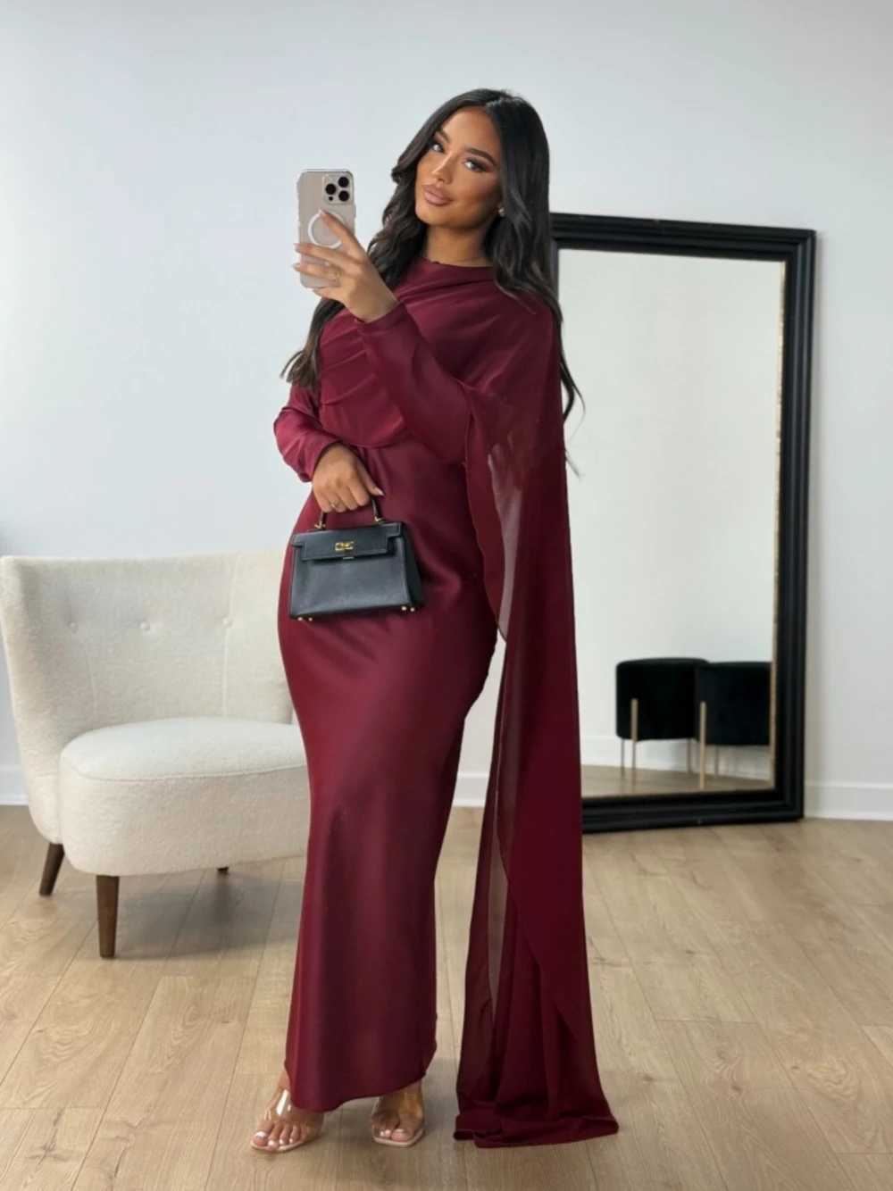 Burgundy Abaya Women Satin Modest Evening Dress Simple Hot Sale Cocktail Gown With Side Cape Elegant Arabic Long Slves Robe X250514