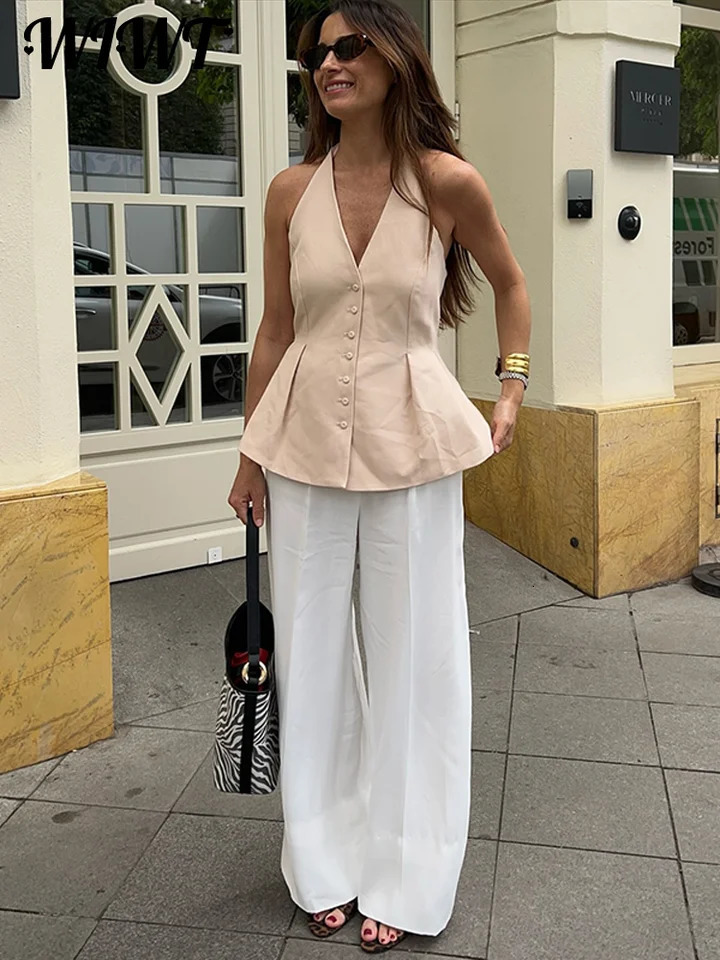 Elegant Halter Ruched Vest Trousers Suit Womens Solid V-neck Backless Single-breasted Top Wide Leg Pants 2025 Lady Outfits 250513