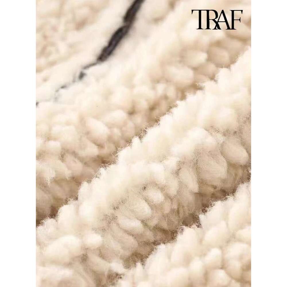 TRAF Women Fashion Autumn Elegant Plush Lapel Street Trend Lace-up Irregular Hem Casual Commuter Leather Jacket