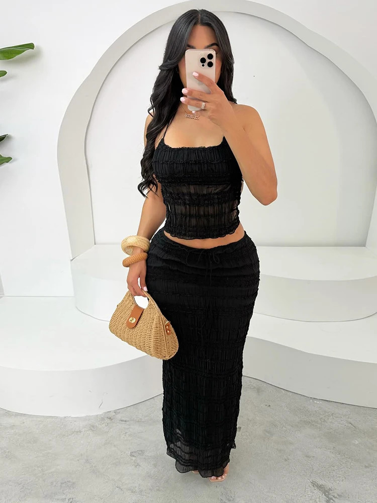 Weird Puss Mesh Backless 2 Piece Set Women Halter LaceUp See Through Crop TopsLoose Elegant Long Skirts Vacation Trend Outfits 250514