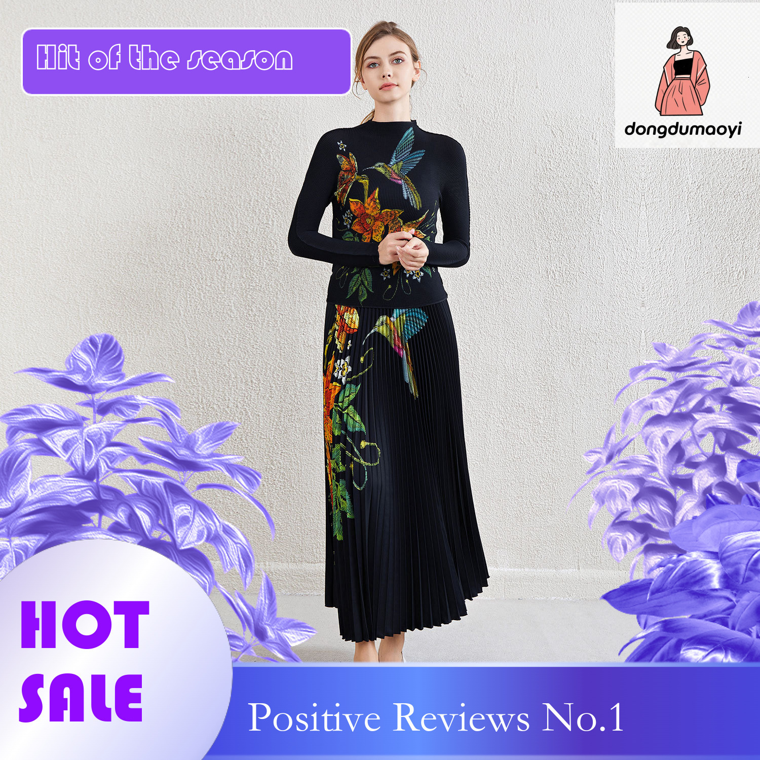 dongdumaoyi Fashionable Set, Folded Women's Clothing, Miyake Printed Chiffon Bottom Shirt, Half Skirt Two Piece Set