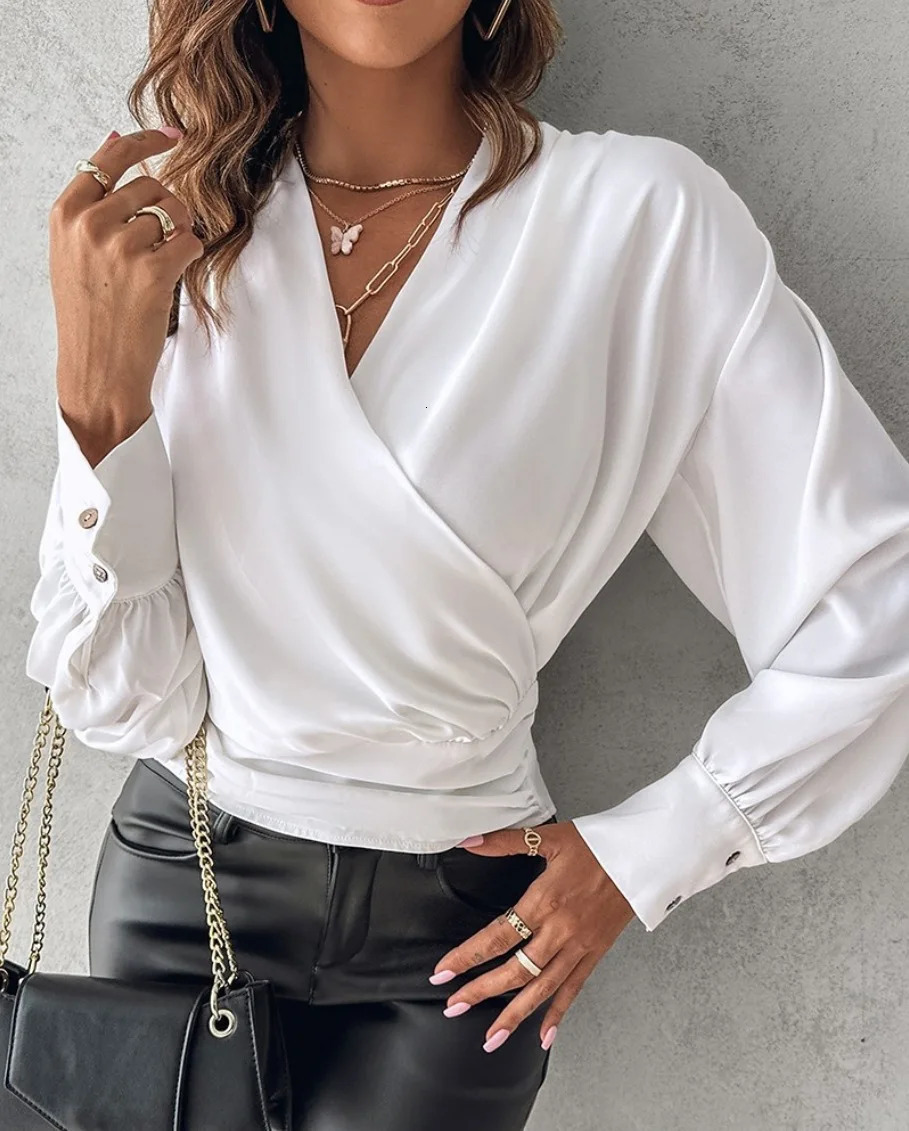 Women Elegant Solid Chiffon Blouse Spring Summer Casual Long Sleeve V Neck Loose Shirt Office Lady Tunics Oversized Tops 250513