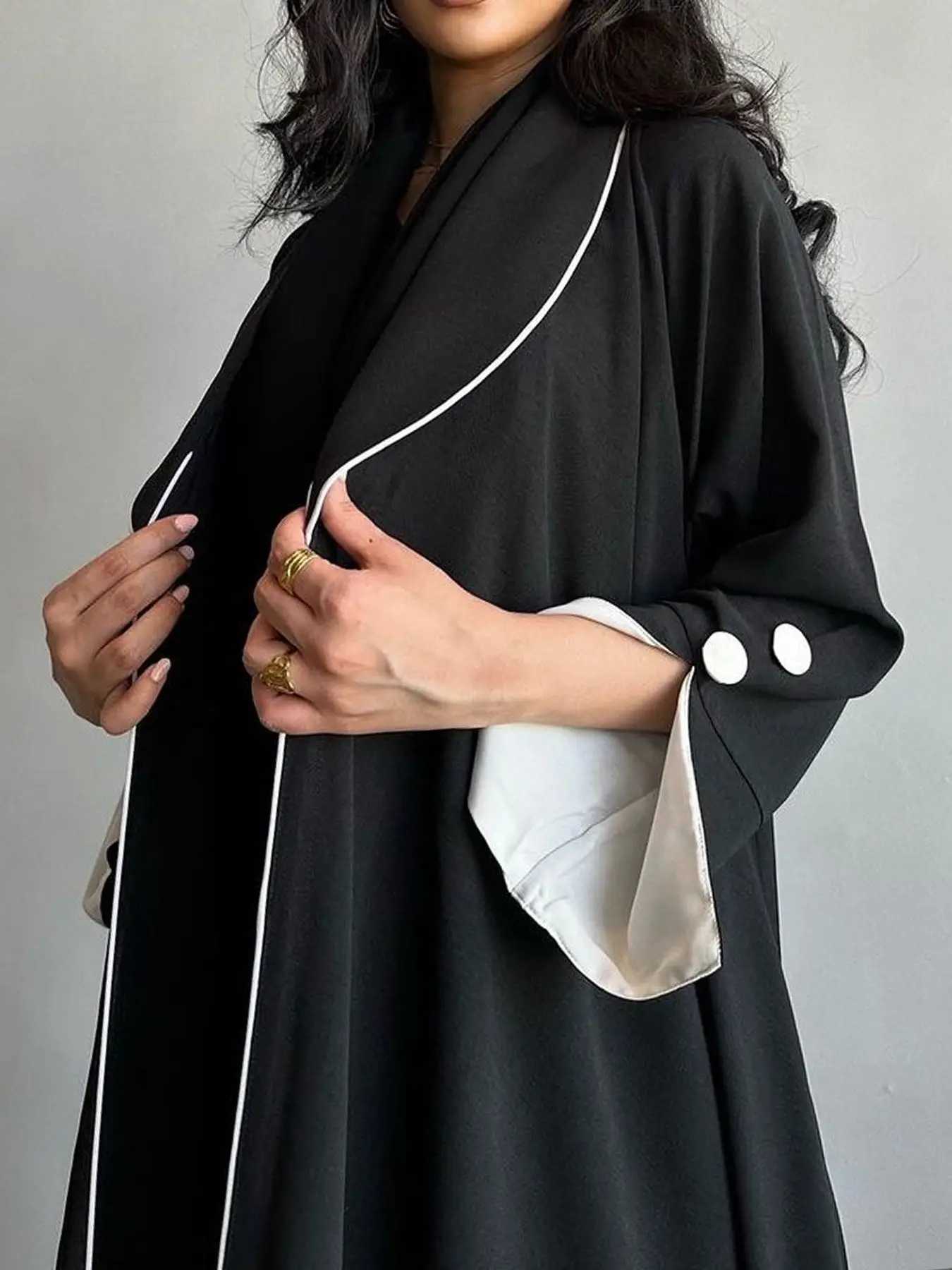 New Contrast Trim Open Front Cardigan Abaya Shawl Collar Robes Women Muslim Moroccan Kaftan Ramadan Jalabiya Islam Dubai Arabic X250514