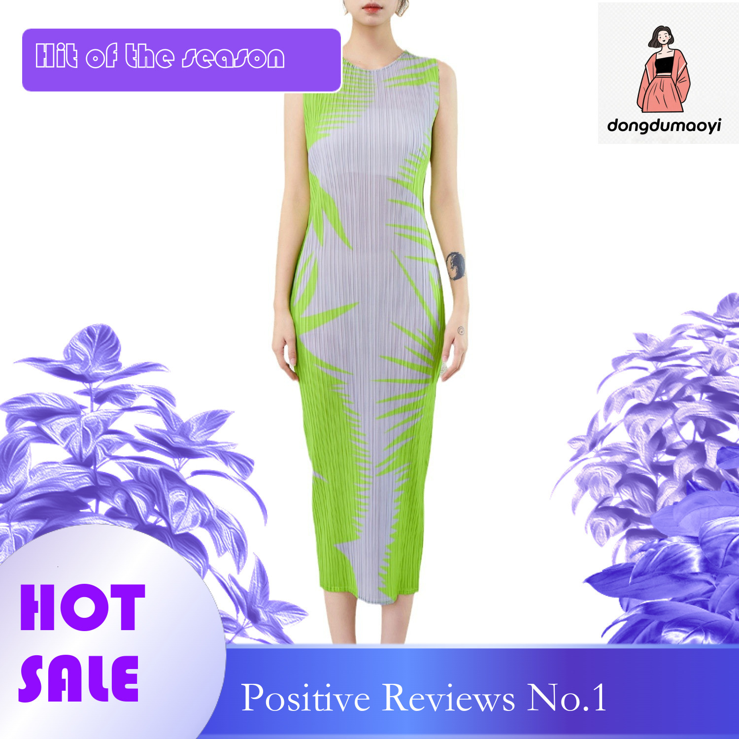 dongdumaoyi New printed sleeveless garden collar dress at the counter women s three bedroom mid length simple and slim fit pleated bottom skirt