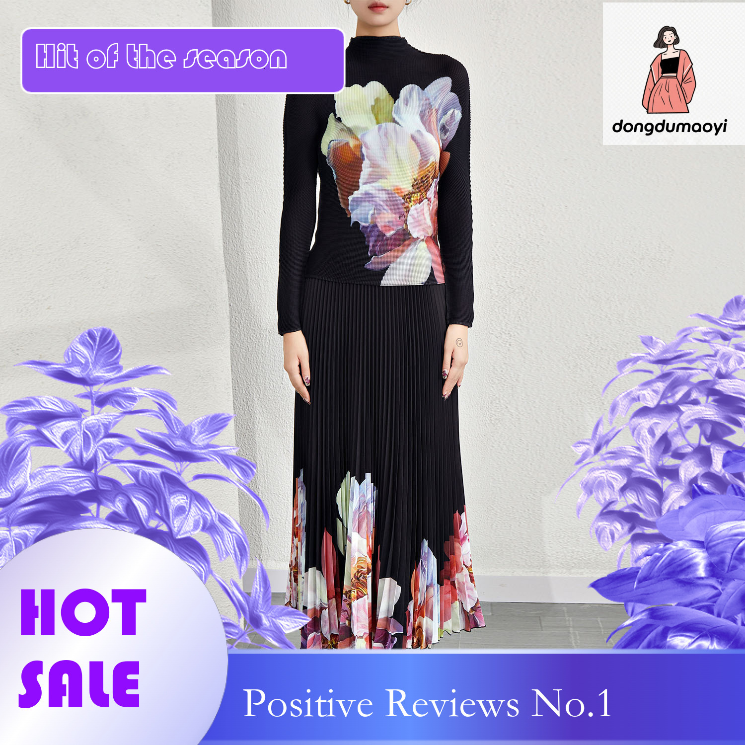 dongdumaoyi Women's clothing niche design pleated print stand up collar pullover flower long sleeved T-shirt half skirt two-piece set
