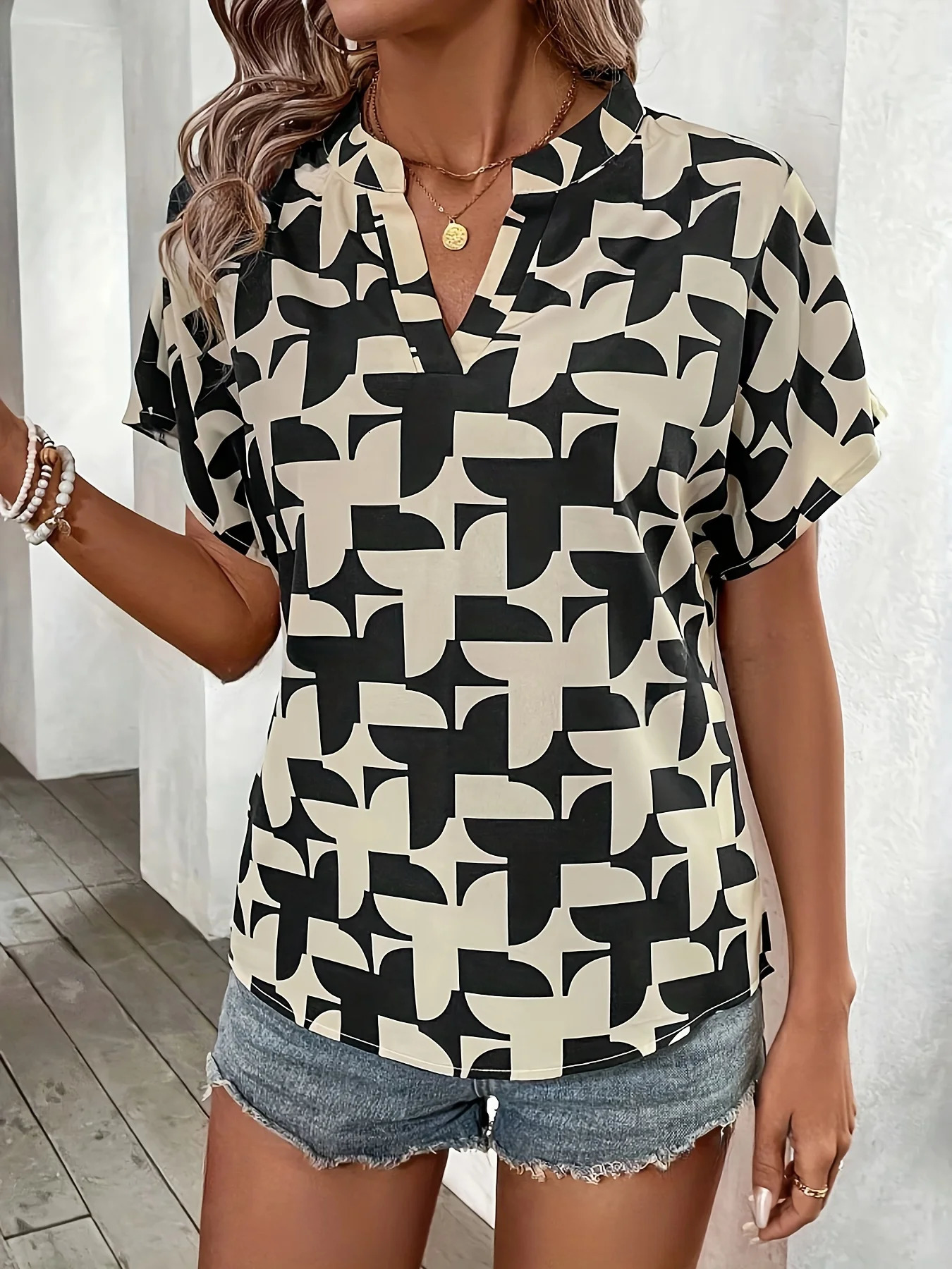 Elegant Summer Womens Print Shirt Casual Office Lady Notched V Neck Batwing Sleeve Blouses Tops 250514