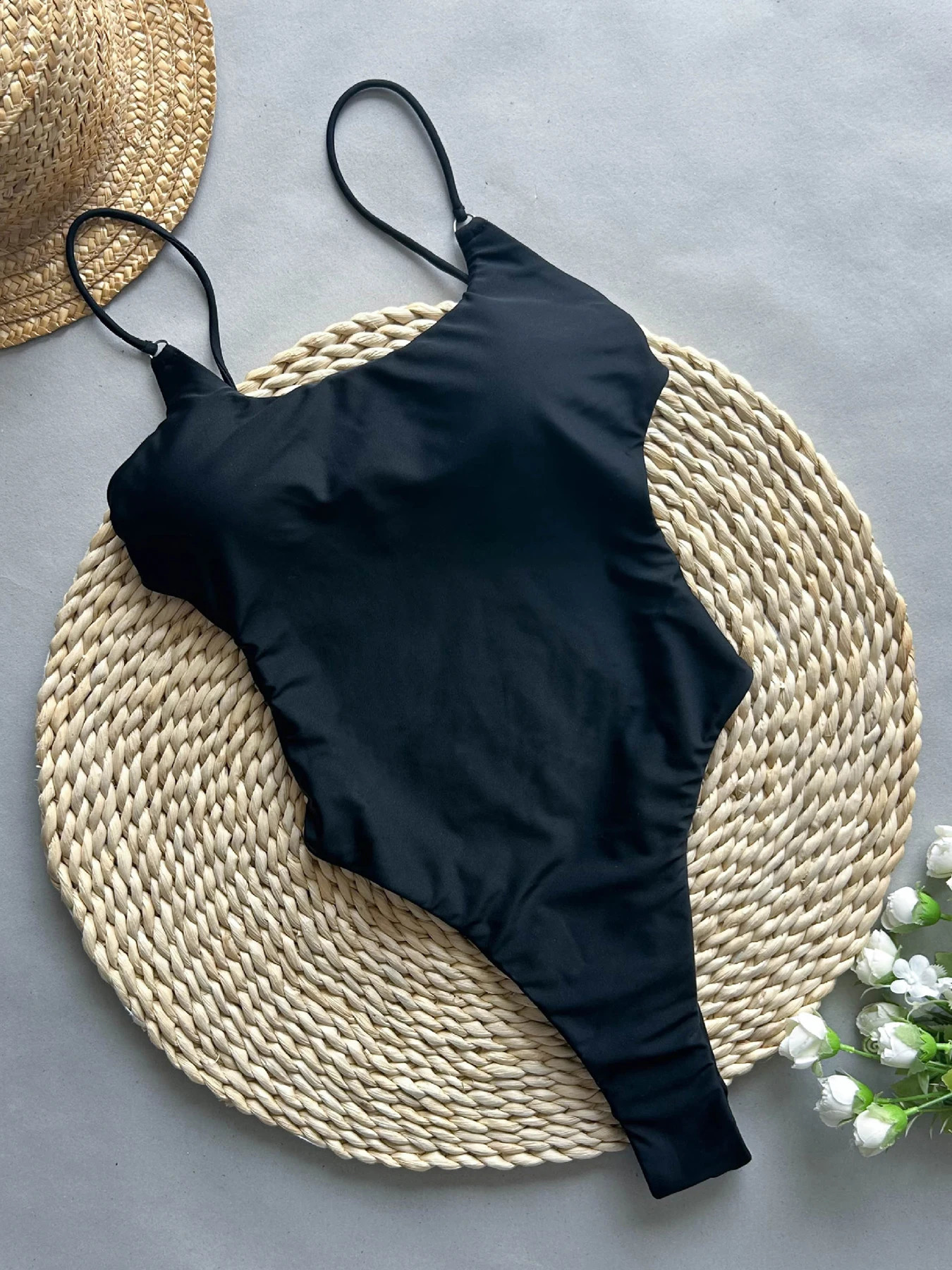 2024 backless swimsuit womens onepiece solid Monokini high cut beachwear 250506
